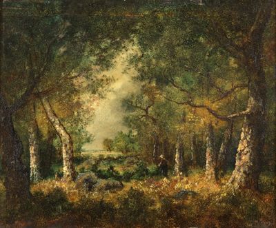 un tableau représentant un paysage boisé avec des moutons qui paissent au premier plan