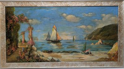 a painting of a beach scene with sailboats in the water