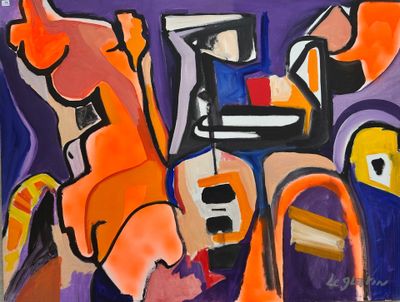 tableau représentant une peinture abstraite d'un homme et d'une femme avec une guitare