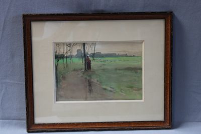 painting of a man walking down a path in a green field
