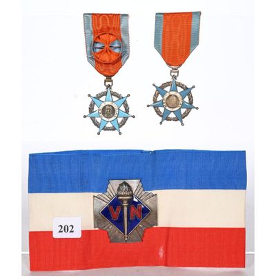 two medals are displayed on a table with a blue and red ribbon