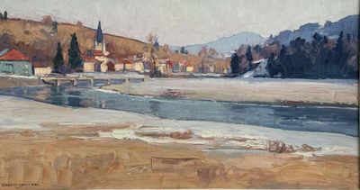 une image représentant un tableau représentant une petite ville au bord d'une rivière