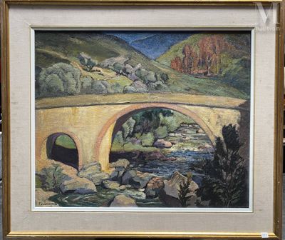 tableau représentant un pont enjambant une rivière, sur lequel traversent des moutons