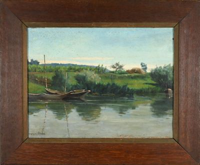 an oil painting of a boat on a river in a wooden frame