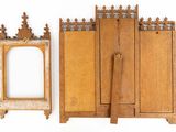 a wooden cabinet with a mirror and a mirror on the wall