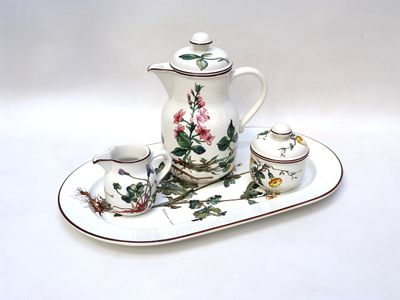 a tea set on a tray with a cup and saucer