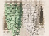 un dessin représentant un bâtiment d'où pendent de nombreuses plantes