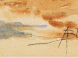 an image of a watercolor painting of an airplane flying over a field