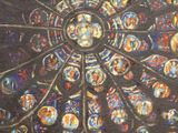 a painting of a stained glass window in the middle of a building
