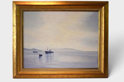 an oil painting of two boats floating in the water on a foggy day