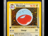 a close up of a pokemon card with a red and blue face