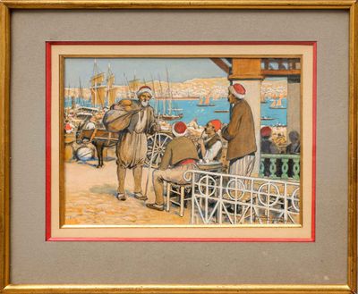 an image of a painting of a man standing next to a horse and carriage