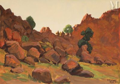 une peinture à l'huile représentant un homme marchant dans un paysage rocheux