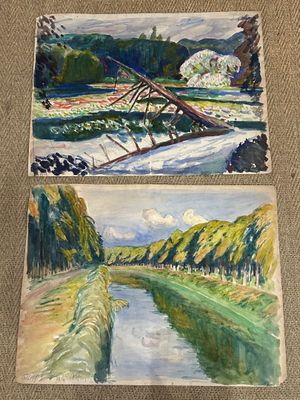 deux aquarelles représentant une rivière et un pont dans un champ