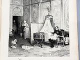 an old picture of a couple of people sitting in a room