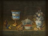 a painting of a still life with a vase, bowl, and other items on a table
