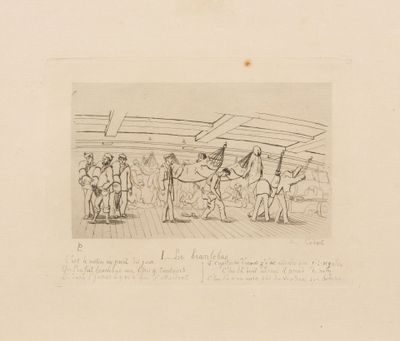 an old drawing of a group of people standing on a boat