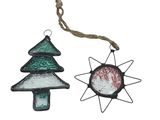 two christmas ornaments hanging from a rope on a white background