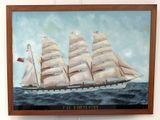 tableau représentant un grand voilier en pleine mer, arborant un drapeau