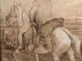 un dessin représentant un homme à cheval, à côté d'un chien