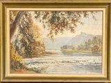 painting of a river scene with a castle in the distance