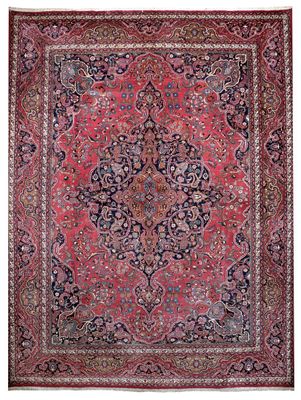 an antique persian rug with red and blue colors