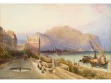 une image représentant un tableau représentant une vue d'un port avec des bateaux sur l'eau