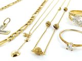 plusieurs types de bijoux en or et en argent disposés sur un fond blanc