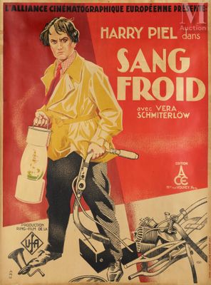 an old movie poster of a man holding a bucket and a moped