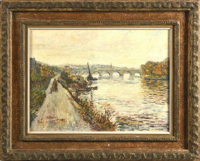 l'image d'une peinture représentant une rivière avec un pont en arrière-plan