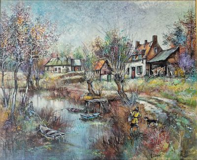 un tableau représentant un village au bord de l'eau avec des bateaux