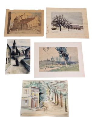 quatre aquarelles représentant des bâtiments et des arbres sur fond blanc