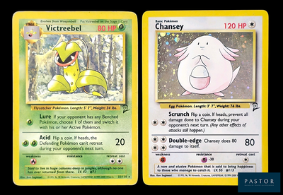 Deux cartes Pokémon sont représentées sur un fond noir, entourées d'une bordure jaune.