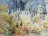 a watercolor painting of a castle with a clock tower