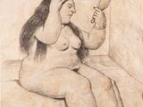 drawing of a woman sitting on a bed with a mirror in her hand