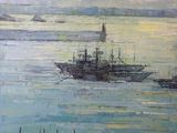 painting of boats in a body of water with a lighthouse in the background