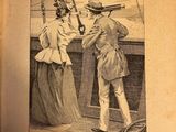 an old book with a drawing of a man and a woman on a boat
