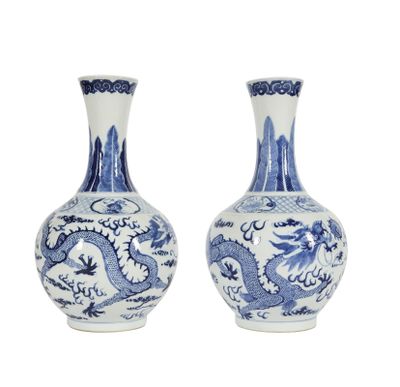 deux vases bleus et blancs ornés de motifs de dragons