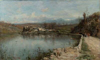 painting of a painting of a river with a castle in the distance