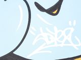 a picture of a painting of a penguin with graffiti on it