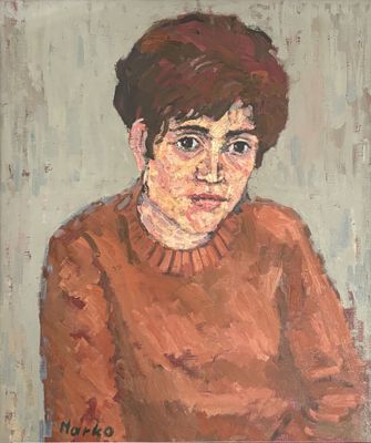 painting of a woman in a brown sweater sitting on a chair