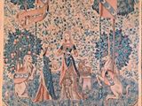 une image représentant une tapisserie sur laquelle figurent une femme et un chien