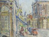 tableau représentant une scène de rue avec une voiture et une calèche