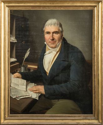 un vieux tableau représentant un homme assis à un bureau, avec un stylo et du papier