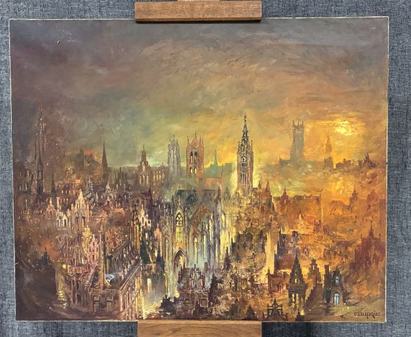 Jean-Pierre COUPRIE (né en 1941). « Vue de ville ». Huile sur toi...