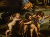 painting of a group of angels with a sheep in a wooded area