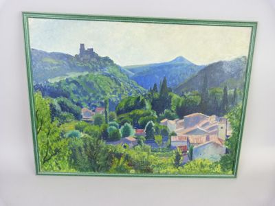 painting of a view of a village with a castle in the distance