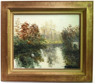 an image of a painting of a river with trees in the background