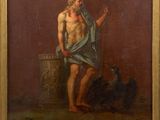 an old painting of a man with a sword standing next to a dog