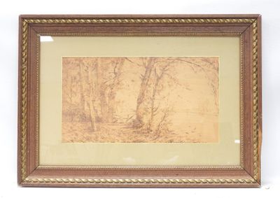 tableau représentant une scène boisée avec des arbres et un ruisseau au premier plan